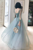 Elegant Long Sleeves Appliqued Tulle Prom Dresses, Floor Length Appliques Evening Dresses STA15175