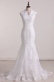 Mermaid V Neck Wedding Dresses Tulle With Applique And Sash Sweep