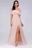 Charming Off Shoulder Ruffle Pink Chiffon Long Prom Dresses Bridesmaid Dresses STA15114