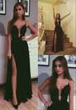 A Line Black Beads Chiffon Prom Dresses with Appliques Split Long Evening STA15608