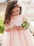 Cute Pink Tulle Flower Girl Dresses with Sash Floor Length, Round Neck Child Dresses STA15575