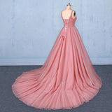 Ball Gown V Neck Tulle Prom Dress with Beads, Puffy Pink Sleeveless Quinceanera Dresses STA15074
