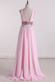 A Line Prom Dresses V Neck Chiffon With Beads And