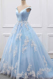 2024 Sky Blue Appliques Charming Ball Gown Off-the-Shoulder V-Neck Prom Dresses