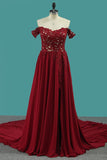 A Line Chiffon Off The Shoulder Prom Dresses With Applique And