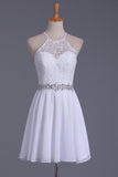White Halter Homecoming Dresses A Line Chiffon & Lace