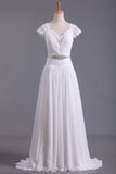 Wedding Dresses V Neck Chiffon & Lace Short Sleeves Sweep