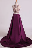 Two Pieces A Line Scoop Beaded Bodice Prom Dresses Satin & Tulle Sweep Train