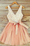 V Neck Homecoming Dresses A Line Short/Mini Tulle With Beads