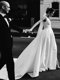 Stunning V-Neck Satin Straps Ivory Wedding Dresses A-line Bridal Gowns with Pockets V Back STA14983