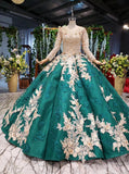 Ball Gown Long Sleeve Satin Beads Prom Dresses, Quinceanera Dresses with Appliques STA15059