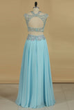 A Line Prom Dresses Two Pieces Scoop Beaded Bodice Chiffon Sweep Train Open