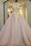 High Neck A Line Floor Length Wedding Dresses Lace Up With Pears Sequins Handmade