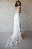 A-Line V-Neck Cap Sleeves Tulle Beach Wedding Dresses With