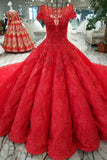 Red Ball Gown Luxury Wedding Dresses Bateau Cap Sleeves Royal