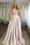 3/4 Sleeves Scoop Prom Dresses A Line Satin Two