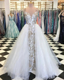 Sheath Spaghetti Straps White Detachable Train Prom Dress with Appliques, Quinceanera Dresses STA15373