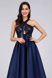 Cold Shoulder Sequin Navy Blue Prom Dresses Backless Satin Long Evening Dresses STA15132