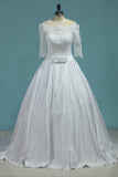 Wedding Dresses Boat Neck Satin With Applique And Sash A
