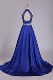 Two Pieces High Neck Prom Dresses A Line Beaded Bodice Satin Dark Royal