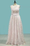 A Line Scoop Evening Dresses Lace With Applique And Beading Sweep