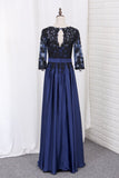 A Line Prom Dresses 3/4 Length Sleeves Scoop Chiffon With Black Applique Floor