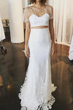 Elegant Two Pieces Lace Mermaid Short Sleeves Tulle Wedding Dresses STA15581