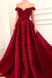 Charming Red Lace Off the Shoulder Prom Dresses, V Neck Handmade Flowers Party Dresses STA15121