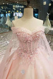 New Arrival Floral Pink Wedding Dresses Off The Shoulder With Handmade Flowers Lace