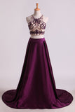 Two Pieces A Line Scoop Beaded Bodice Prom Dresses Satin & Tulle Sweep Train