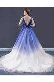 Ombre Contrast A Line Prom Dress Pleated V Neck Long Formal