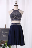 Two-Piece Halter Beaded Bodice Homecoming Dresses A Line Open Back