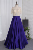 A Line Prom Dresses Scoop Beaded Bodice Short Sleeves