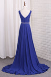 A Line Chiffon V Neck Bridesmaid Dresses With Beads And Slit
