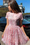 A-Line Short Sleeves Short Homecoming Dress With Lace