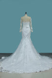 Scoop Long Sleeves Mermaid Wedding Dresses With Applique Tulle Chapel