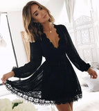Chic Black Deep V Neck Long Sleeves Lace Homecoming Dress, Black Short Prom Gowns STA14968