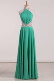 A Line Halter With Beading Chiffon Sweep Train Prom Dresses