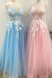 New Spaghetti Strap Floor Length A Line Tulle Prom Dress With Appliques Formal STAP3CZ9RMF