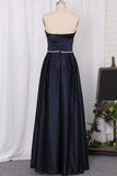 Strapless A Line Bridesmaid Dresses Satin With Beading