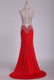 Prom Dresses Scoop Spandex With Beading And Slit Sweep Train