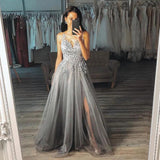 Chic Grey A Line V Neck Long Appliques Tulle Prom Dresses with Side Slit, Formal Dresses STA15131