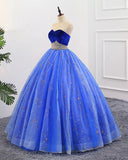 Ball Gown Sweetheart Strapless Blue Prom Dresses with Beading, Tulle Quinceanera Dresses STA15073