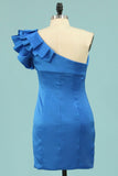 One Shoulder Pleated Neckline Column Satin Prom Dress Short/Mini