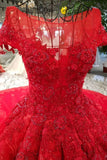 Red Ball Gown Luxury Wedding Dresses Bateau Cap Sleeves Royal