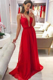 Deep V-Neck Pretty Red Long Lace Chiffon Charming Prom