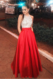 Beautiful Halter Beading Long A-Line Red Open Back Prom Dresses With