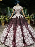 Ball Gown Off the Shoulder V Neck Satin Prom Dresses with Hand Made Flowers, Quinceanera Dress STA15064