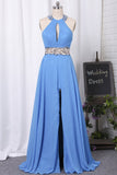 Halter Open Back Prom Dresses A Line Chiffon With Beads And