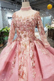 New Prom Dresses Long Sleeves Ball Gown High Neck With Applique&Beads Lace Up